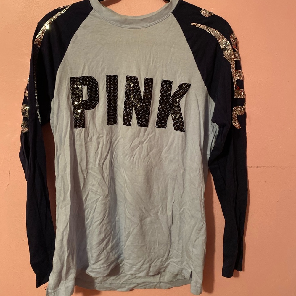 PINK blinged blue long sleeved top